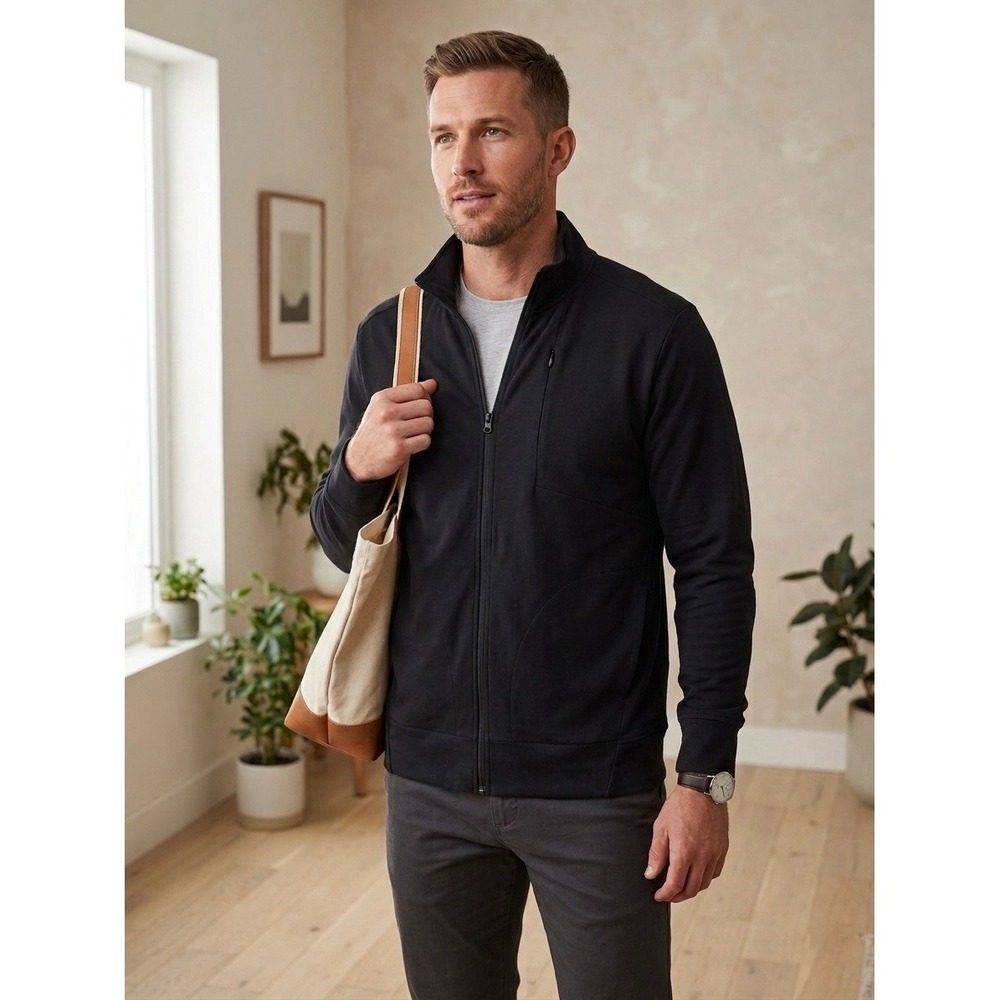Pact Mens Organic Cotton Full Zip Jacket Black XL Mock Neck Chest Pocket